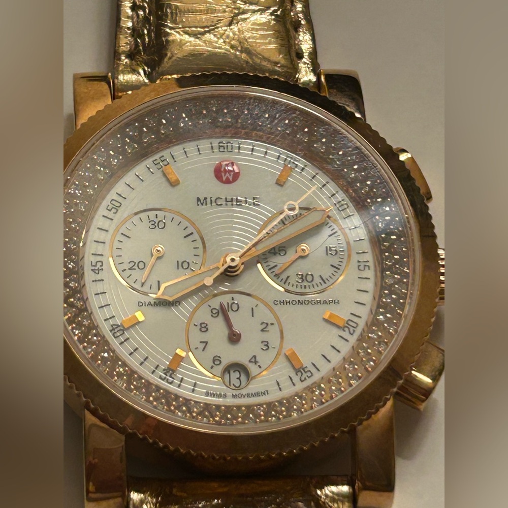 Michele Rose Gold Diamond Bezel Chronograph Watch with White Dial/ 96 Diamonds - Picture 3 of 13